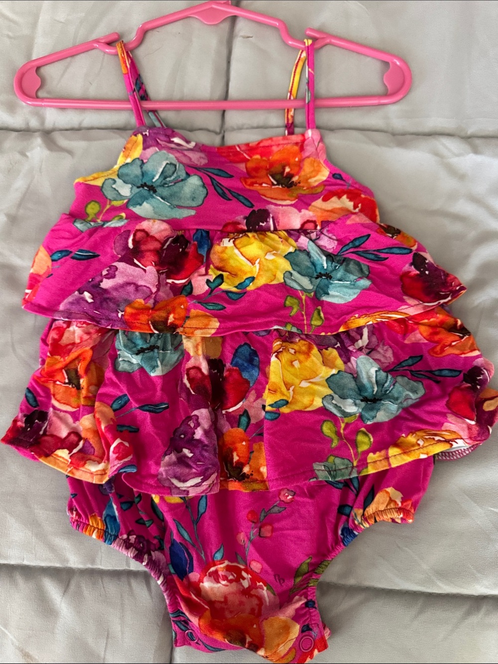 Posh Peanut Hot Pink Floral Ruffle One-Piece Bodysuit